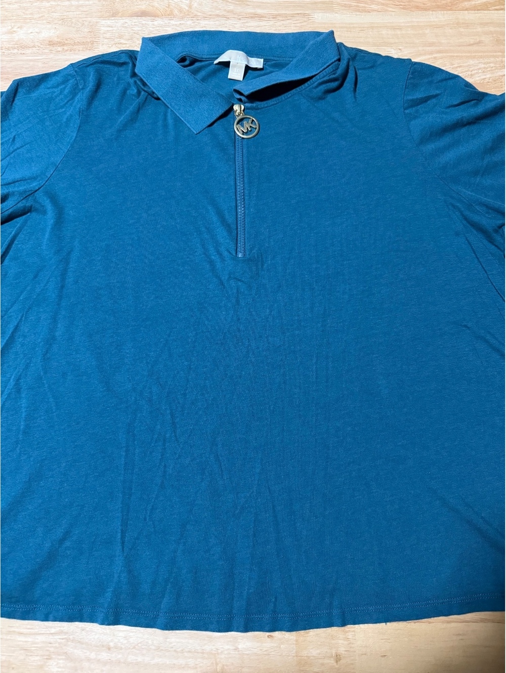 Michael Kors Women’s 3X Dark Teal Short Sleeve Gold Logo Zip Top